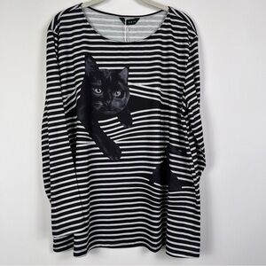 2/$30 Tendency Black White Striped Cat Graphic Long Sleeve Shirt Size Large –NWT